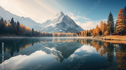 Beautiful view of Hintersee lake in autumn. Amazing nature landscape with mountains, lake and magical sky in autumn. Amazing atmospheric nature view. Travel destination. photo