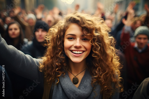 Empowered Diversity Joyful Woman in a Vibrant Street Rally Amongst a Diverse Demonstrating Group. created with Generative AI