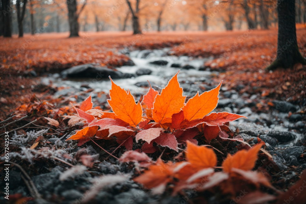 Natural scenery displaying bright orange leaves enveloped in frost, marking the transition from late autumn to early winter