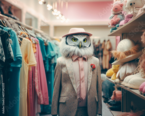 Owl gentleman standing and wearing a trendy suit and hat. Abstract creative composition with animal in clothing store.