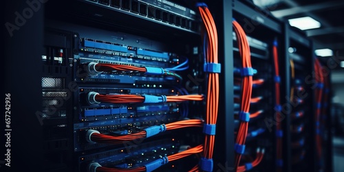 Generative AI, Closeup shot of networking cable in the server room, server rack with fiber optic cables