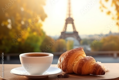 Morning coffee with croissants against Eiffel Tower in Paris. Breakfast in Paris with croissant, coffee and a cup of fragrant coffee on the balcony with view to the Eiffel tower.