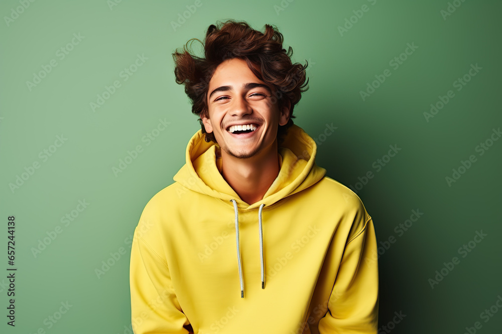Fototapeta premium Delighted Young Man in Vibrant Attire Laughing Against a Lively Solid Background. created with Generative AI