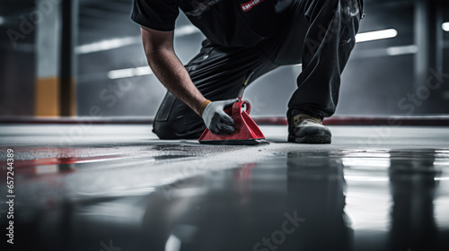 The worker applies gray epoxy resin to new floor photo