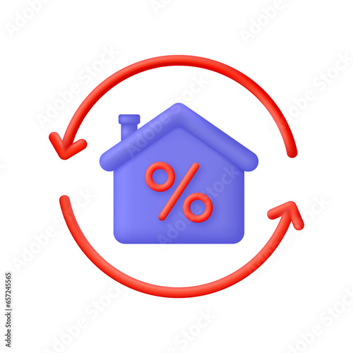 3D Mortgage refinance illustration. Home loan, mortgage, better term, debentures, property, lower interest.