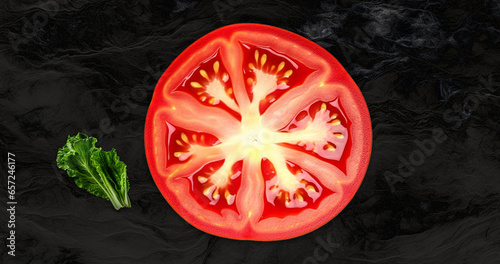 Tomato on black concrete background. Top view of tomato. Banner for pizza or fast food with copy spacing