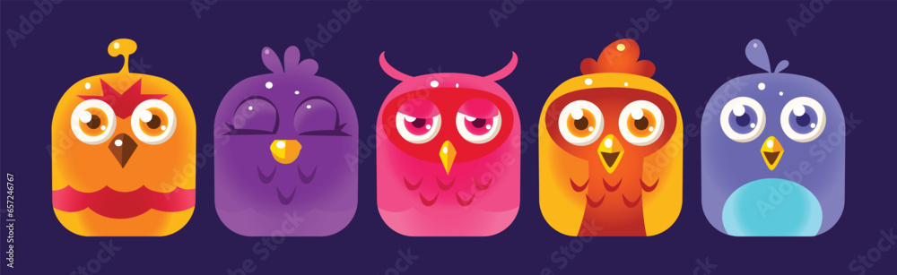 Fototapeta premium Funny Birds App Rounded Icon for Game Design Vector Set