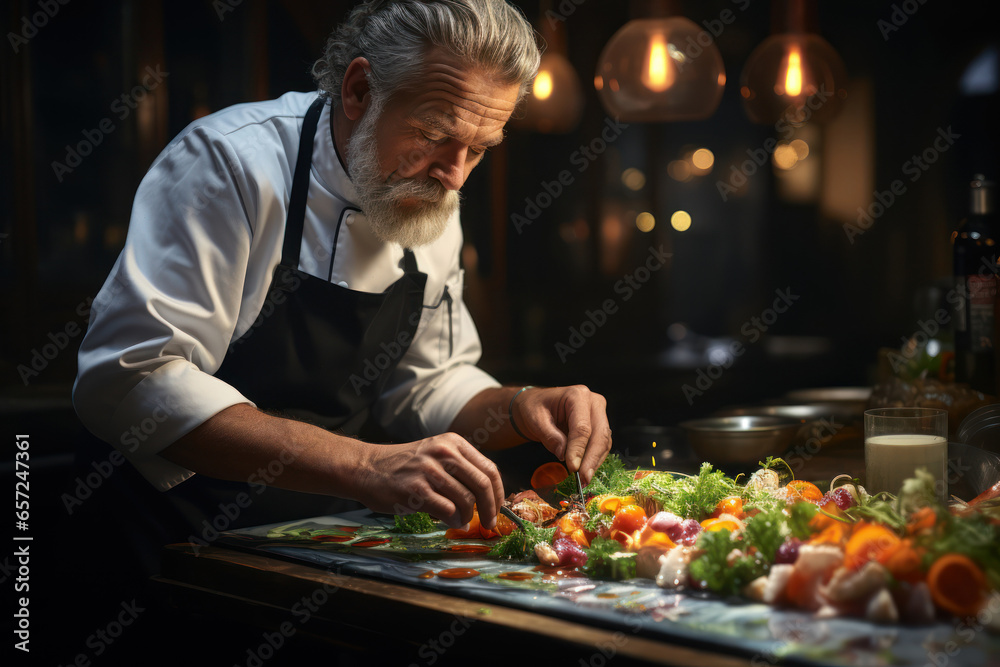 A chef preparing a gourmet dish with artistic plating, exemplifying the fusion of culinary arts and culture. Generative Ai.