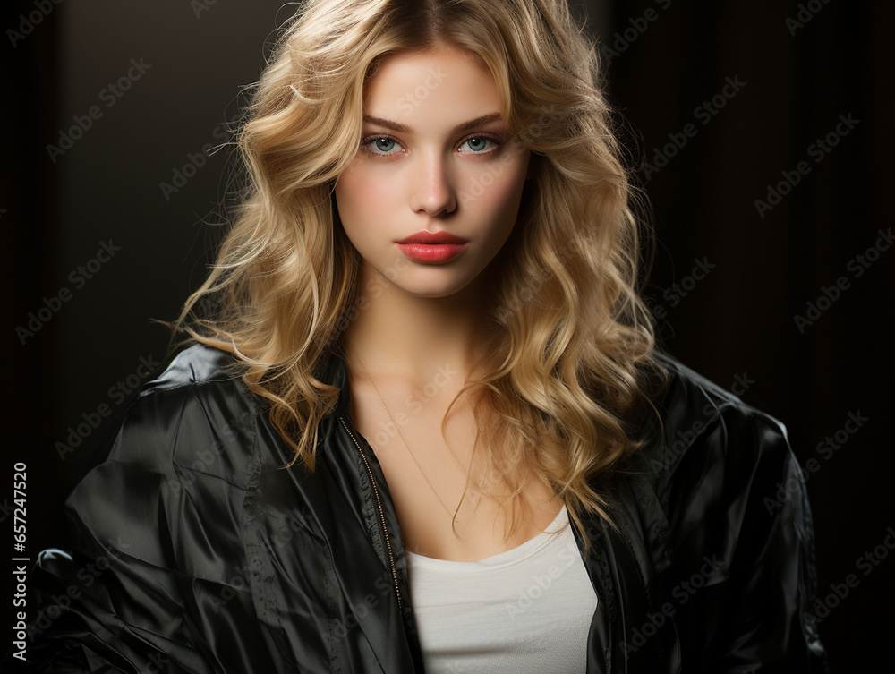 Hübsche Frau mit gefärbten und gelockten Haar mit modernster Frisur und edlen Visagistik Make up als Poster Nahaufnahme, ai generativ Hübsche Frau mit gefärbten und gelockten Haar mit modernster Frisur und edlen Visagistik Make up als Poster Nahaufnahme, ai generativ