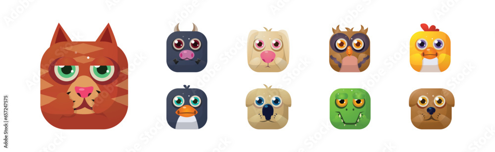 Animal Square Faces and Cute Muzzle Icon for Mobile Application Vector Set