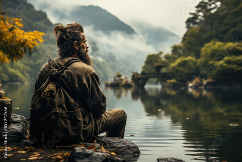 A philosopher deep in thought, sitting beside a tranquil lake, contemplating the nature of reality and perception. Generative Ai.