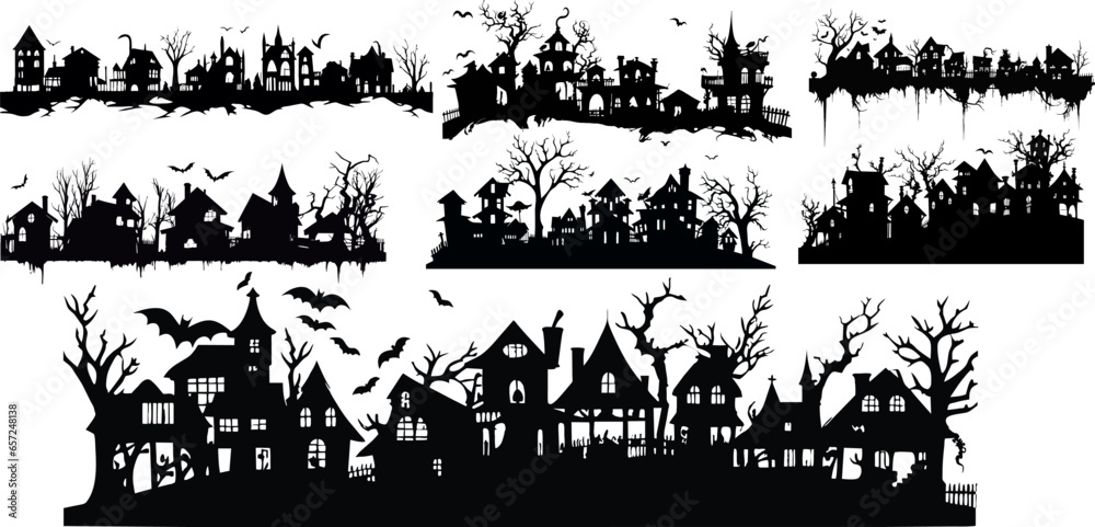 Spooky houses set isolated vector illustration. Halloween houses collection AI generated illustration