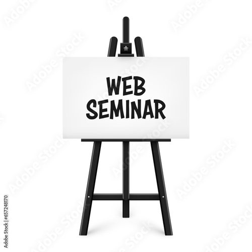 Realistic paint desk with text on white canvas. Black wooden easel and a sheet of drawing paper. Presentation board on a tripod. Distance education, online courses and e-learning. Vector illustration