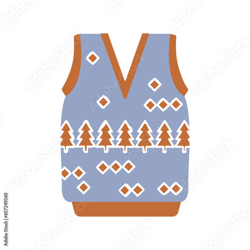 Vest knitted sweater without sleeves. Warm clothes.Isolated vector illustration on a white background