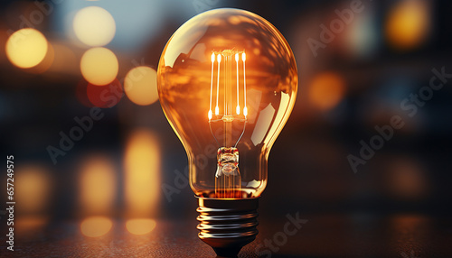 Incandescent bulb on dark background with bokeh lights in close-up. New idea concept