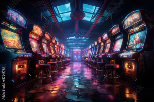 A classic arcade with vintage video game cabinets, evoking nostalgia for retro gaming. Generative Ai. photo