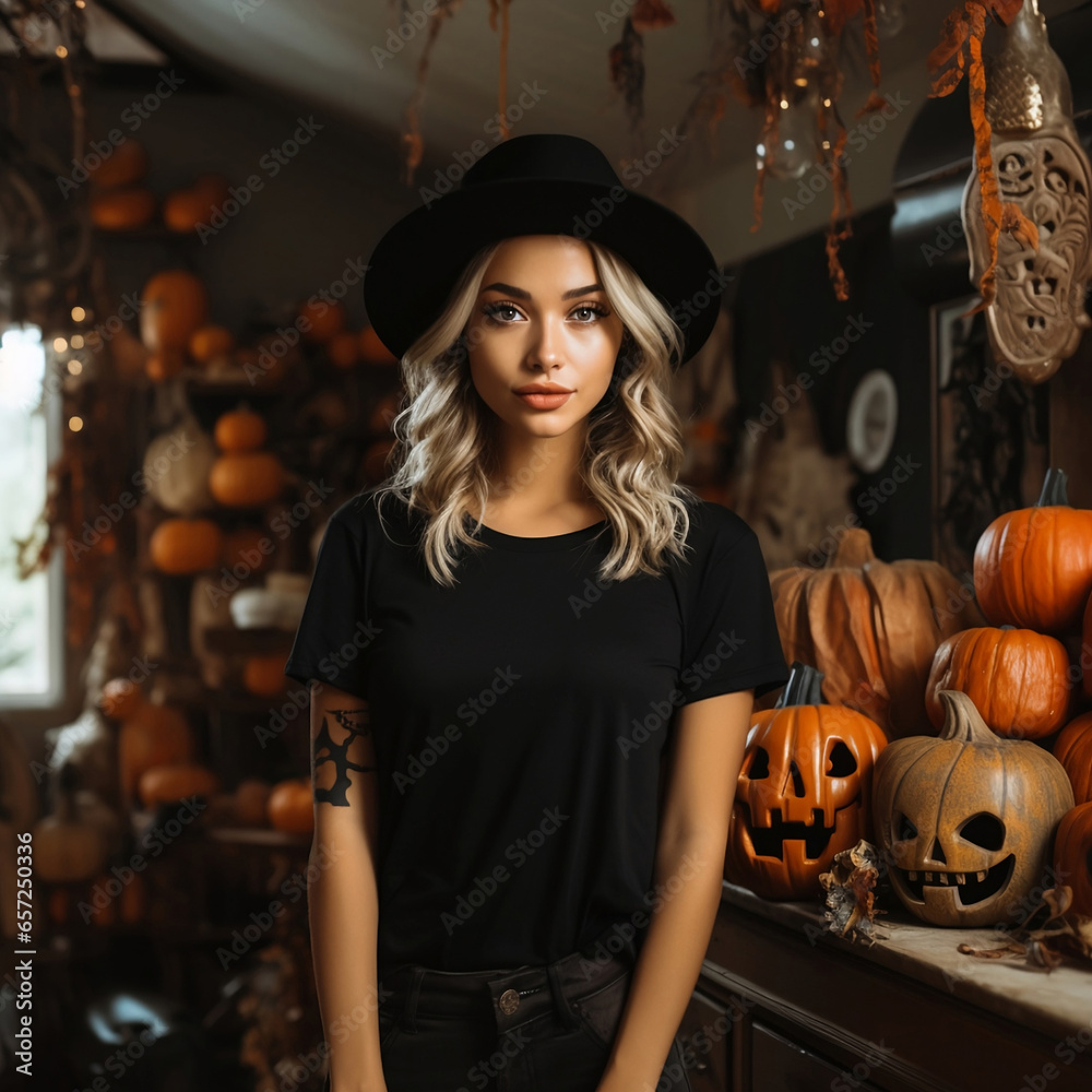 Blank Black T-Shirt Mockup on a Beautiful Young Woman Wearing a Black Boho Witch Hat in a Rustic Spooky Barn Filled With Orange Pumpkins Blank Black T-Shirt Mockup on a Beautiful Young Woman Wearing a Black Boho Witch Hat in a Rustic Spooky Barn Filled With Orange Pumpkins
