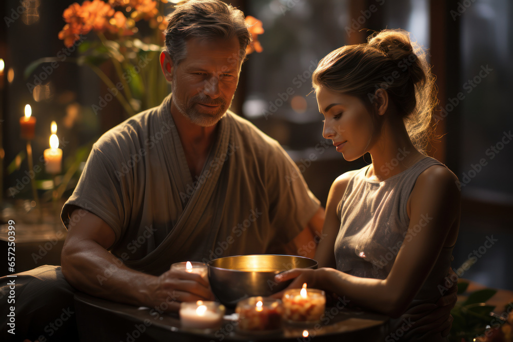 A serene spa scene with a person receiving a Thai massage, showcasing the benefits of bodywork therapies. Generative Ai. A serene spa scene with a person receiving a Thai massage, showcasing the benefits of bodywork therapies. Generative Ai.