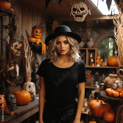 Blank Black T-Shirt Mockup on a Beautiful Young Woman Wearing a Black Boho Witch Hat in a Rustic Spooky Barn Filled With Orange Pumpkins   photo