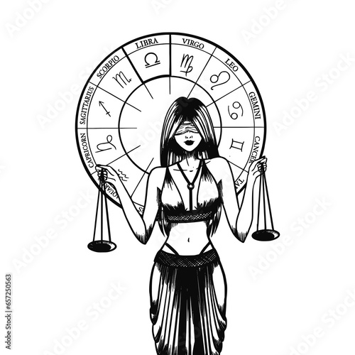 Hand drawn illustrations and silhouettes of monochrome arts of astrological signs and beauty women.
