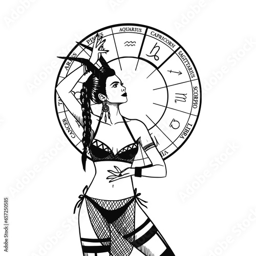 Hand drawn illustrations and silhouettes of monochrome arts of astrological signs and beauty women.
