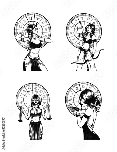 Hand drawn illustrations and silhouettes of monochrome arts of astrological signs and beauty women.