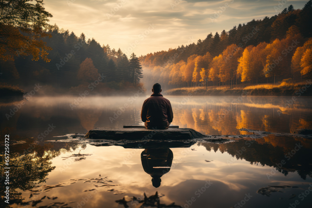 A person practicing mindfulness meditation by a tranquil lake, emphasizing the connection between nature and inner peace. Generative Ai. A person practicing mindfulness meditation by a tranquil lake, emphasizing the connection between nature and inner peace. Generative Ai.