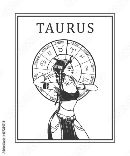 Illustration of monochrome card with astrological sign and romantic beauty woman. Zodiac symbol art.