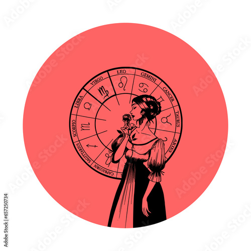 Vector monochrome symbol or icon with astrological sign and romantic beauty woman. Zodiac art.