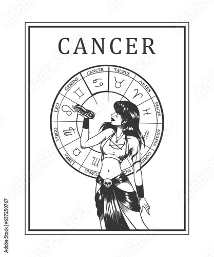 Illustration of monochrome card with astrological sign and romantic beauty woman. Zodiac symbol art.