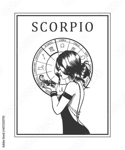 Illustration of monochrome card with astrological sign and romantic beauty woman. Zodiac symbol art.