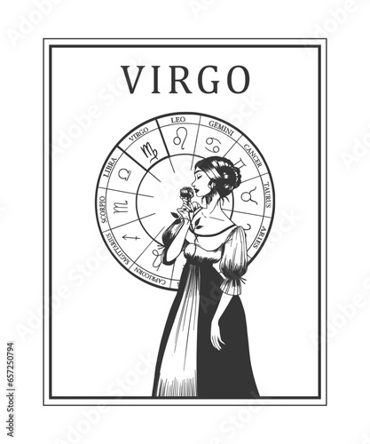 Illustration of monochrome card with astrological sign and romantic beauty woman. Zodiac symbol art.