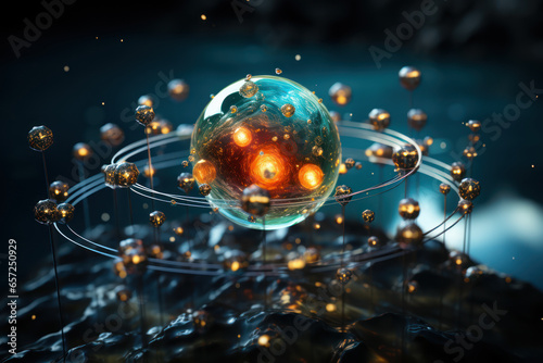 A depiction of electrons orbiting an atomic nucleus, illustrating the fundamental concept of quantum mechanics. Generative Ai. photo