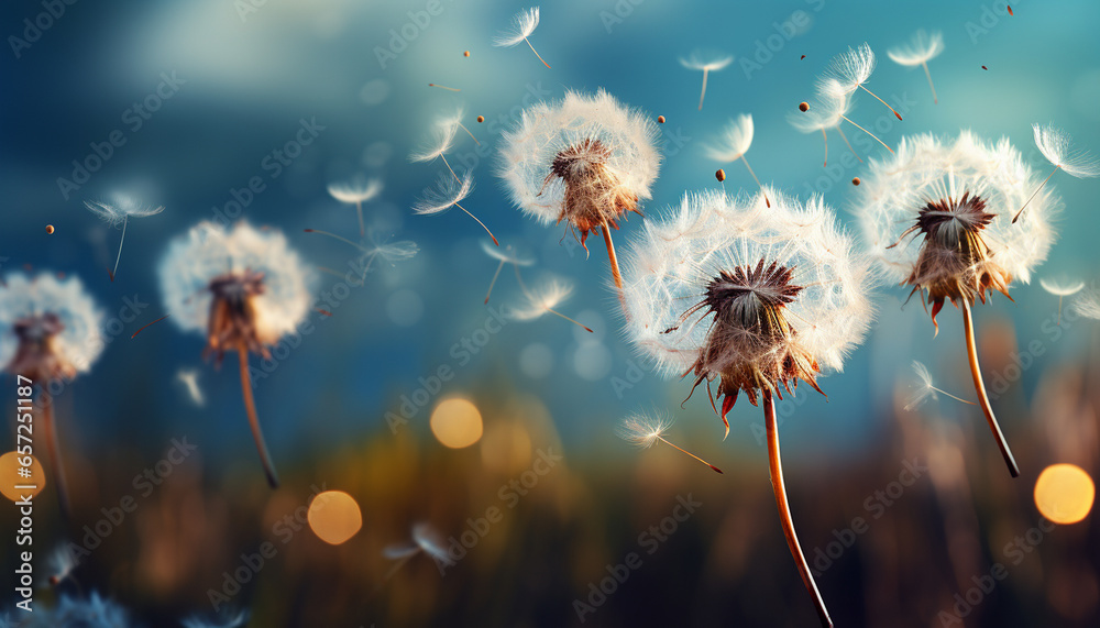 Fantastic landscape with white flying dandelions. Light and airy flowers on wallpaper