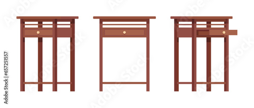Tall nightstand with storage drawer natural wood brown set. Side sofa table, plant, telephone stand, bedside item. Vector flat style cartoon home, office furniture objects isolated on white background