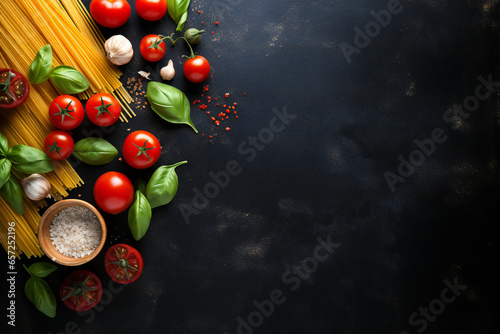 Culinary background with traditional ingredients of italian cuisine pasta, tomatoes, garlic, olive oil, parmesan cheese, basil on a black slate, stone or concrete table. Top view Generative AI