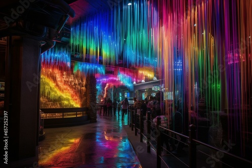 A mesmerizing display of colorful neon lights cascading down like a vibrant waterfall in a whimsical fantasy setting. Generative AI