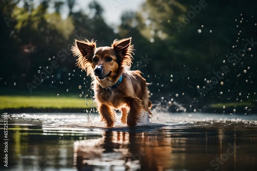 A scene of a joyful little dog splashing in a puddle of water © Muhammad