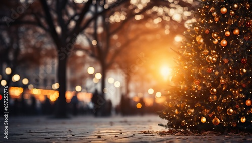 Christmas tree in the city at sunset