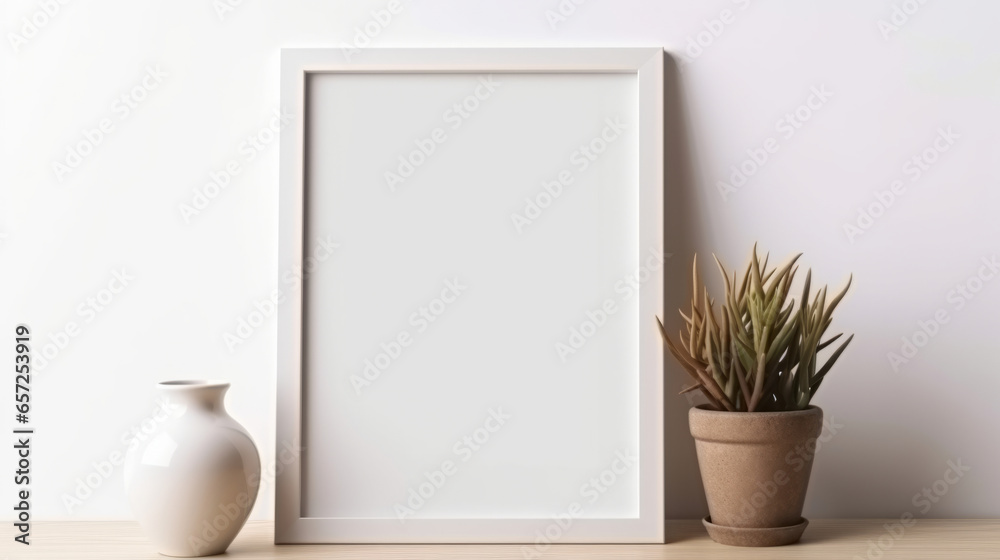 Canvas mockup against white wall. Empty canvas on table top for your design. Canvas mockup against white wall. Empty canvas on table top for your design.