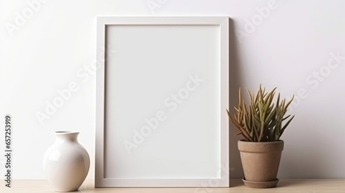 Canvas mockup against white wall. Empty canvas on table top for your design.