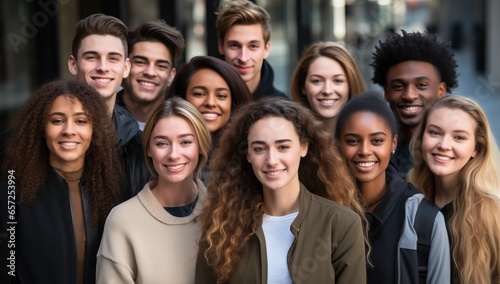 Portrait of group of happy young people standing together in the city