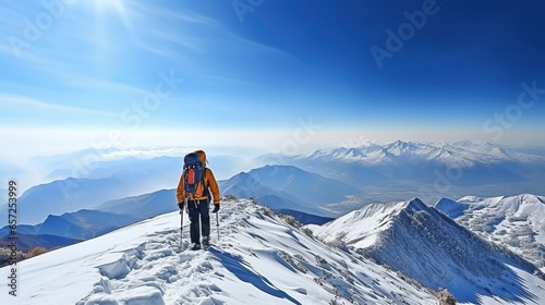 Hiker on top of a snowy mountain