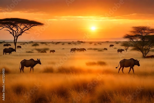 A vast savanna with wild animals grazing under a vibrant sunset