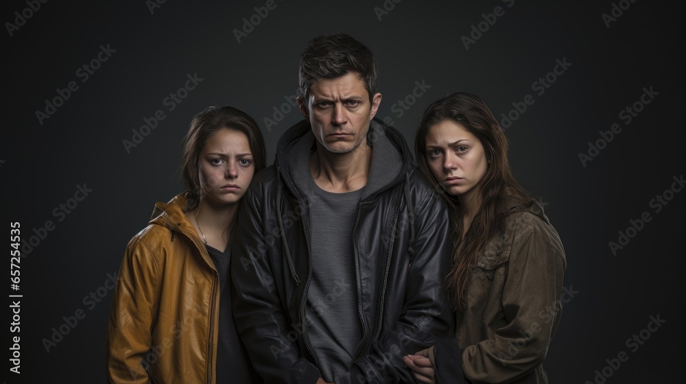 Sad single father with two daughters