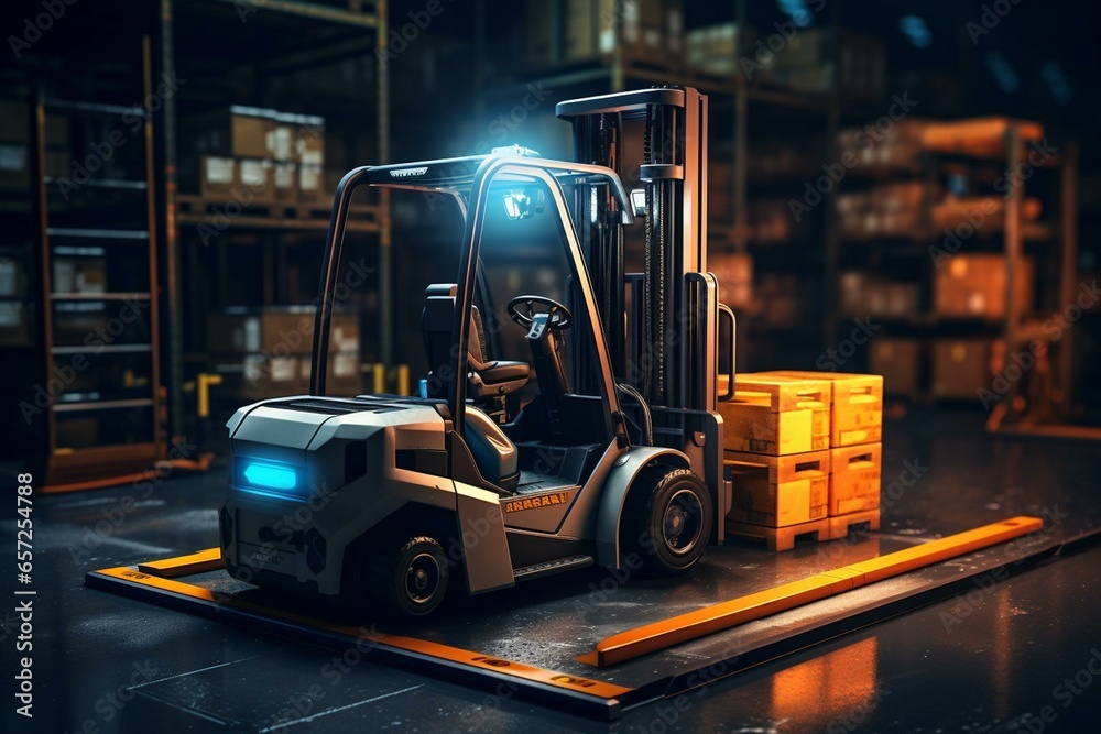 Forklift truck powered by electric charging station. Generative AI - obrazy, fototapety, plakaty 