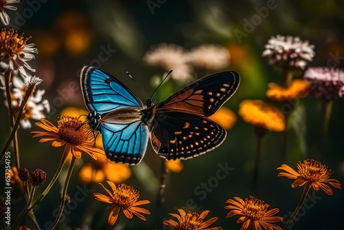 Brown and black butterfly flying above beautiful flowers