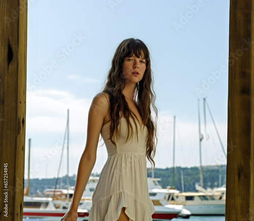 Sexy model in white dress poses in the harbor with yachts