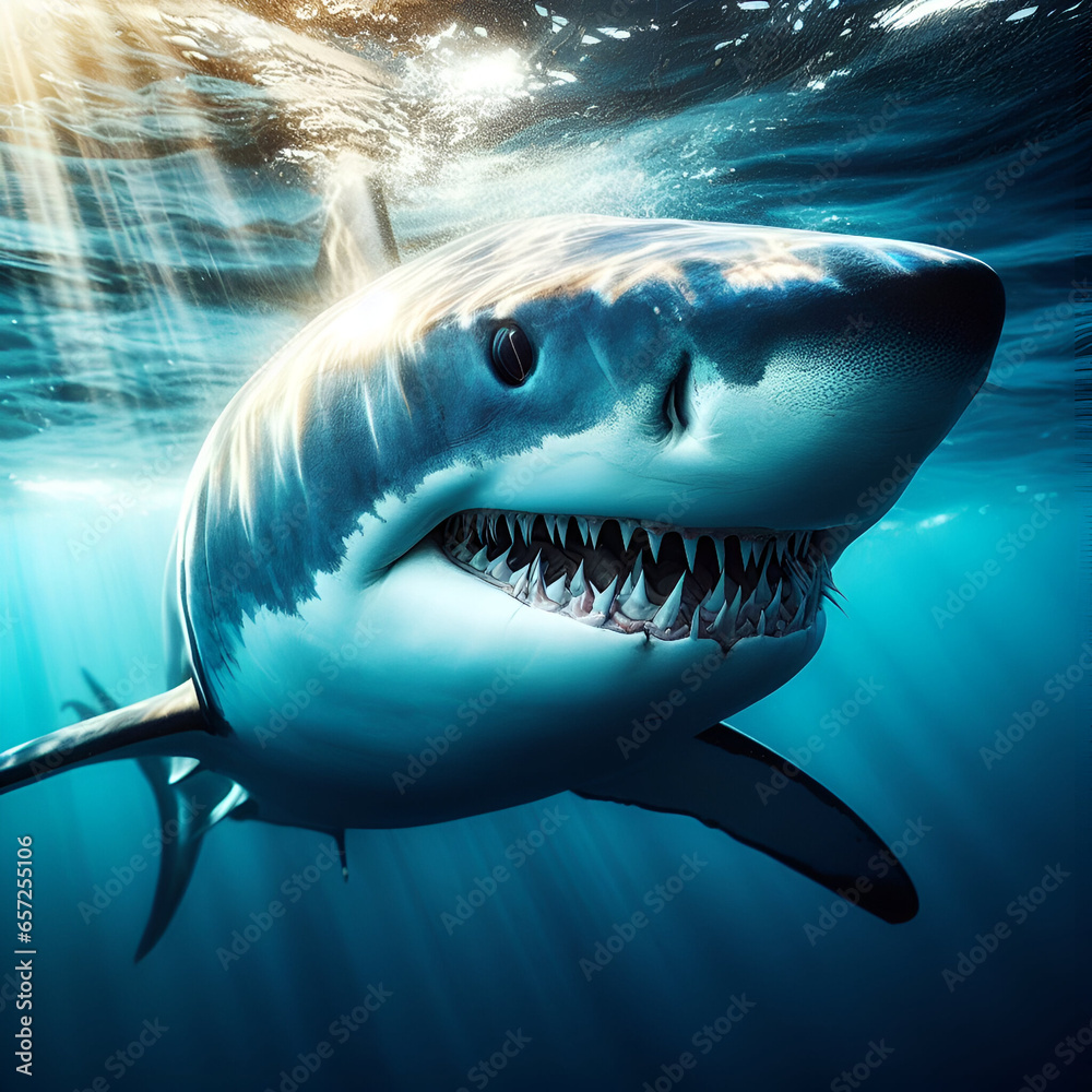 Fototapeta premium Front Portrait of Shortfin Mako, Blue Pointer, Bonito Mackerel Predatory Shark Showing Teeth and Pointed Snout Swimming in the Tropical Temperate Ocean Sea. One of the Fastest Creatures on Earth