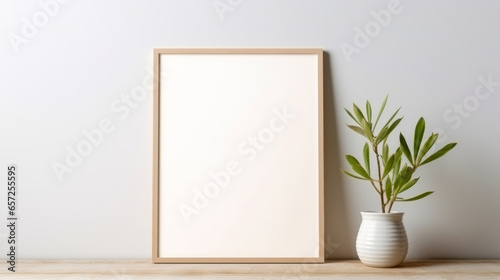 Canvas mockup against white wall. Empty canvas on table top for your design.